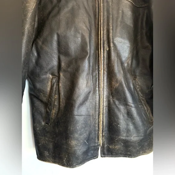 Kenneth Cole New York Men’s L Heavyweight Distressed Brown Leather Jacket Patina